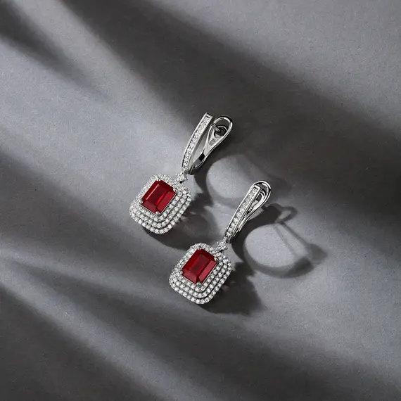 Серьги с рубинами и бриллиантами из белого золота 585, изображение 2
