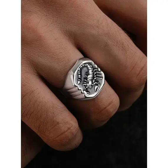 Серебряное кольцо 925 печатка скорпион, Проба: 925, Размер Кольца: 17,5, изображение 5