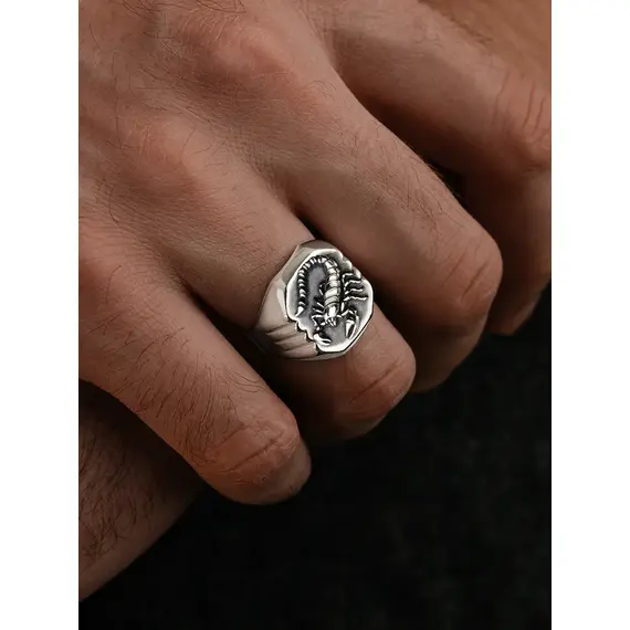 Серебряное кольцо 925 печатка скорпион, Проба: 925, Размер Кольца: 17,5, изображение 6