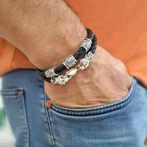 Браслет мужской из кожи и серебра Тигры, изображение 4