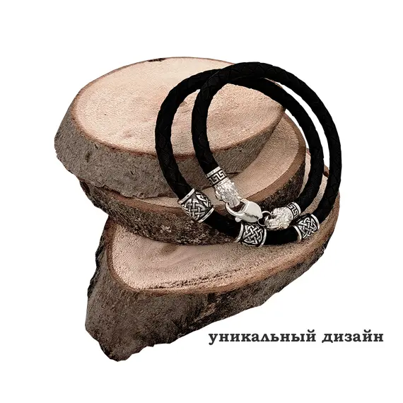 Браслет мужской из кожи и серебра Львы, изображение 4